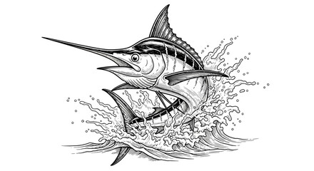 Striking monochrome illustration of a marlin leaping from the ocean waves showcasing power.