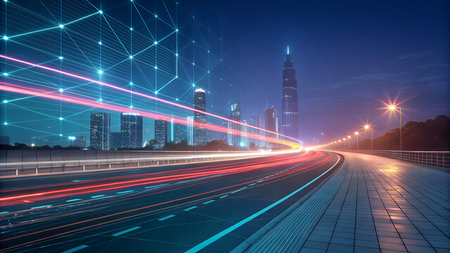 Panoramic abstract technology background with fast light trails and digital grid. Represents high-speed networks and futuristic motion. Great for tech startups or events. 