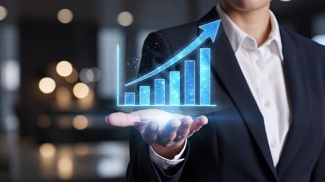 Medium close-up of a professional extending an open hand as a transparent bar chart and upward arrow rise above the palm, subtle stabilization of the hand with slow push-in camera movement, dark corpo