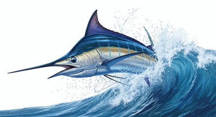 Majestic Blue Marlin Leaping from Ocean Waves with Powerful Force and Grace.