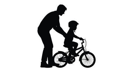 Fototapeta premium Father helps son learn to ride a bicycle black silhouette
