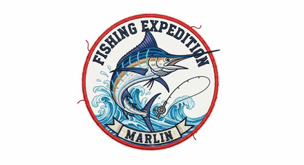 Fishing expedition emblem featuring a leaping marlin fish with ocean waves and text.
