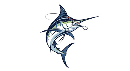 Striking illustration of a marlin fish leaping with fishing hook.