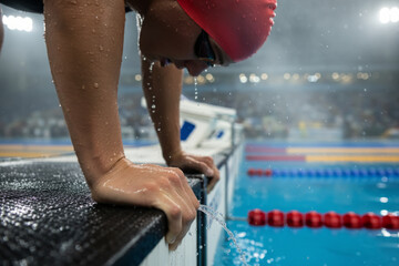 Professional male swimmer with wet skin exiting pool after competition race or training workout suitable for sports fitness center advertisement or healthy lifestyle concept