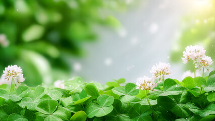 陽光が差し込むシロツメクサのクローバーフィールド。水滴がついた瑞々しい緑の葉と白い花が咲く、爽やかで穏やかな自然の風景背景。