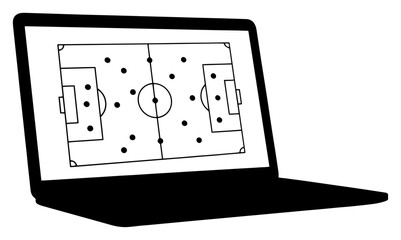 Laptop computer screen displaying a professional soccer field strategy and tactical formations diagram © Mago