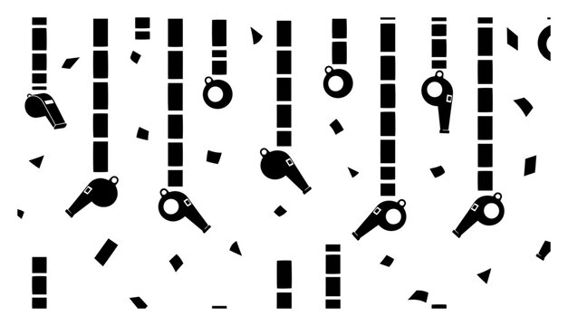 Whistle icons pattern with confetti representing refereeing and sports fair play