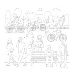 Obraz premium A black and white drawing of people walking and riding bikes in a park