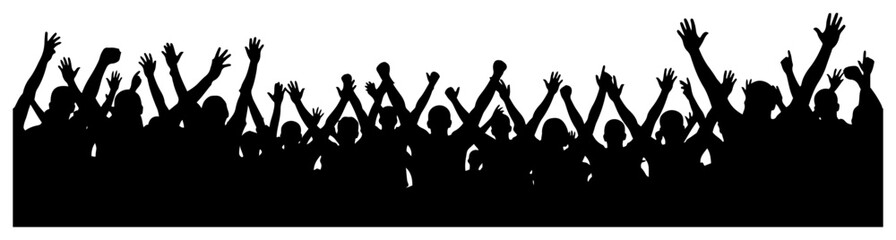 Wide silhouette of a cheering stadium crowd with raised hands during a match © Mago