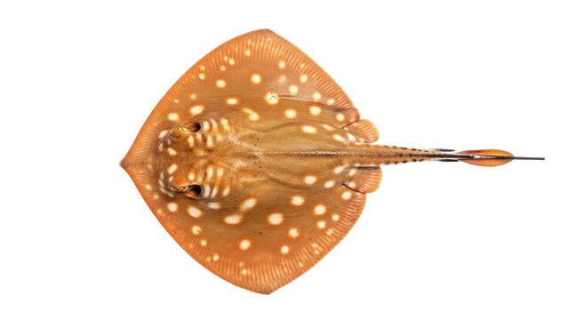 Isolated stingray fish with brown and white spots viewed from above, on a blank surface