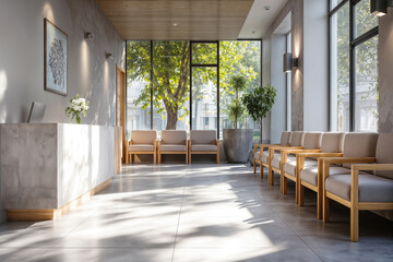Fototapeta premium Reception Clinic with Comfortable Seating and Natural Light Creating a Calm Atmosphere for