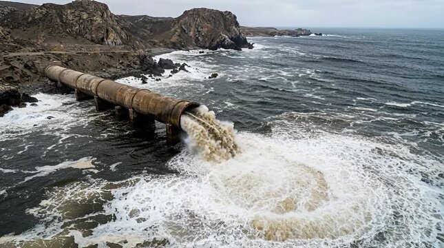 Ocean outfall pipe discharge water into stormy coastal waters, industrial wastewater flow ocean outfall.