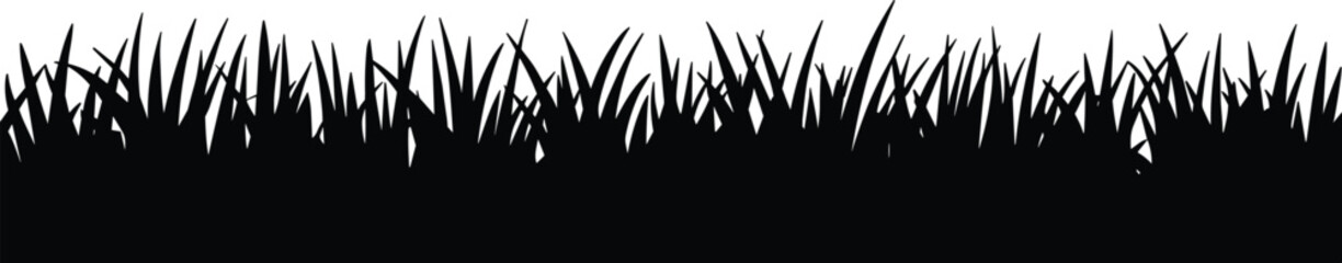 Stylized black grass silhouette with varied blade lengths and textures against a clean white background for applications © MdMoktar
