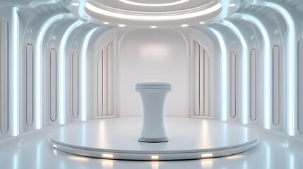 Fototapeta premium Futuristic Podium: A captivating 3D render of a futuristic room, showcasing an elegant pedestal illuminated in a bright, ethereal glow, evoking feelings of innovation and modern design.