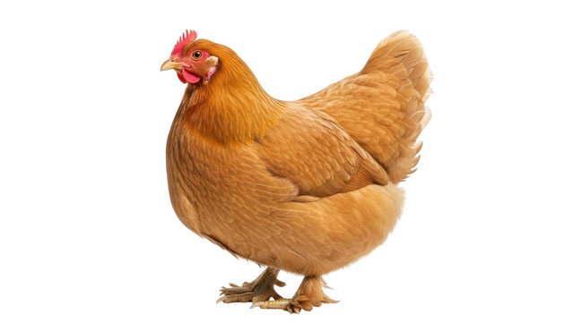 Isolated ginger hen standing, studio shot against neutral backdrop with bright lighting