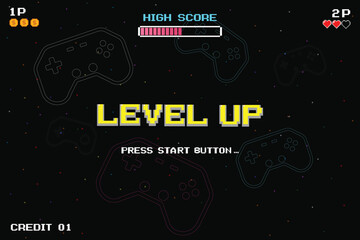 LEVEL UP icon pixel art. 8 bit game. retro game. Retro Futurism Sci-Fi Background. glowing neon grid. and stars from vintage arcade computer games