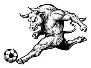 Powerful muscular bull mascot kicking a soccer ball in detailed engraving style