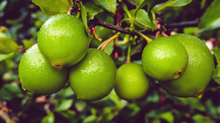 Green orange fruit on tree with water drops