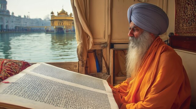 Serene scene of a Sikh devotee reading a holy scripture by the water at the Golden Temple, highlighting tradition, spirituality, and cultural heritage for commercial use
