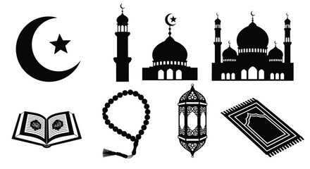 Islamic symbols including a crescent moon and mosque black silhouette © Taylor