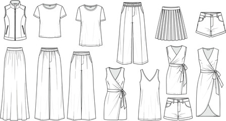 Women clothing fashion line illustration set featuring dresses, skirts, tops, pants, and casual apparel templates for garment design concepts