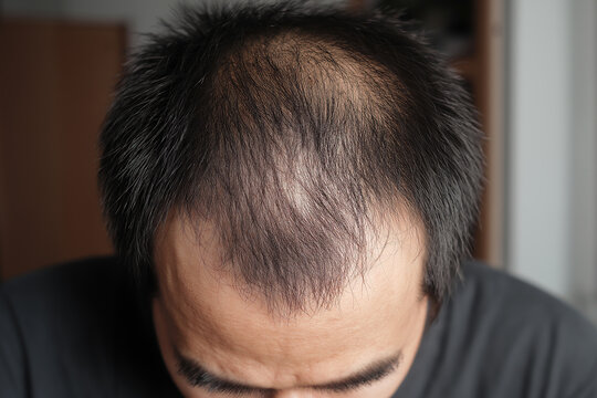Close up of man with thinning hair on top of head, male pattern baldness and scalp health medical concept