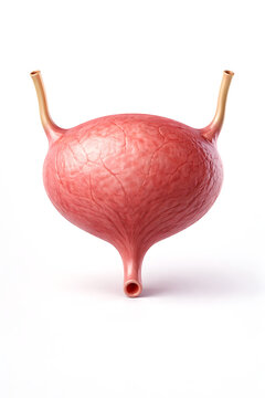 Realistic 3D rendering of a human bladder with ureters and urethra depicted isolated on white