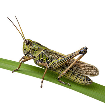 Close up of a green grasshopper with long antennae sitting on a blade of grass