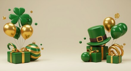Fototapeta premium St patricks day celebration with green and gold balloons gifts and hat