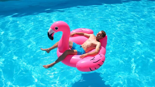 Young man relaxing on a pink flamingo inflatable in a swimming pool. Male tourist floating on a bird-shaped toy during summer vacation. Leisure and travel concept