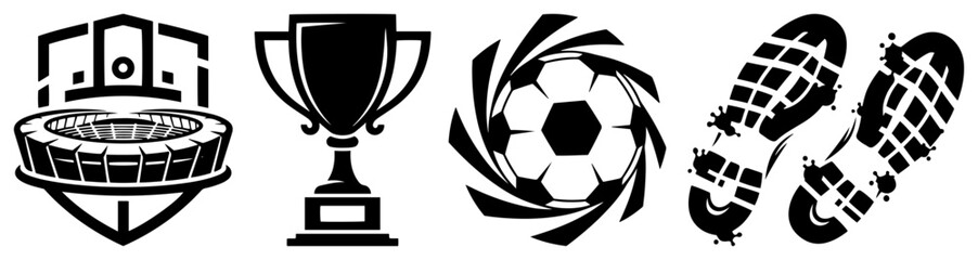 Naklejka premium Collection of soccer themed icons including a trophy stadium emblem and shoe prints