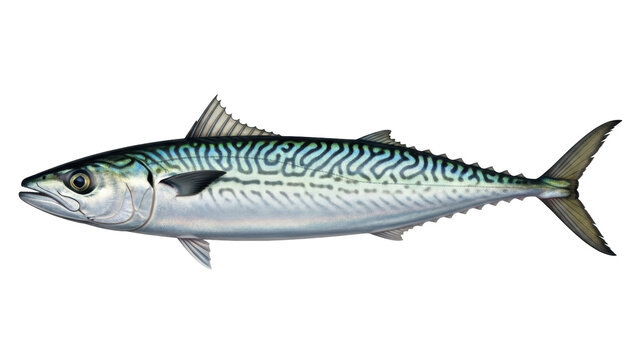 Isolated Atlantic mackerel, a scombrid fish with distinctive wavy dark bands, on no background