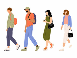 Fototapeta premium Vector illustration depicting diverse group of people walking in a casual urban setting