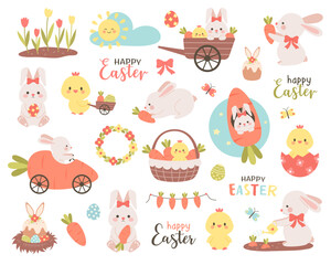 Fototapeta premium Cute easter collection with bunny, chick, egg, carrot and basket. Pastel spring clipart set for greeting card, nursery print, sticker, invitation and holiday decoration design.