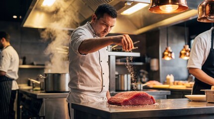Male chef in white uniform sprinkles seasoning on raw meat in a modern kitchen with stainless steel appliances and pots on the stove in the background © Николай Чайка