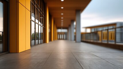 Fototapeta premium A contemporary architectural walkway with a vibrant yellow facade illuminated by soft warm golden hour light showcasing modern design
