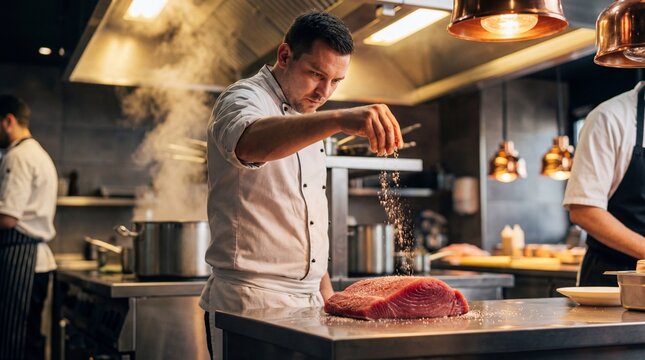 Male chef in white uniform sprinkles seasoning on raw meat in a modern kitchen with stainless steel appliances and pots on the stove in the background
