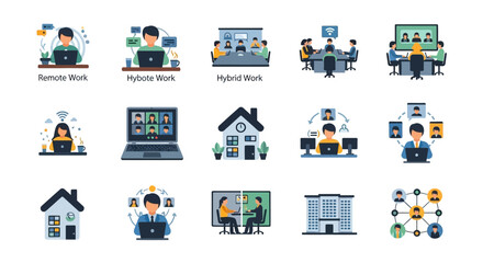Remote Work, Hybrid Office & Online Collaboration Flat Icons Set - Business, Virtual Meetings, Teamwork & Flexible Work Models