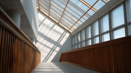 Obraz premium Contemporary architectural interior with sloped glass roof and wooden elements illuminated by natural light casting geometric shadows