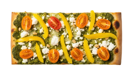 Isolated rectangle pizza with pesto, tomatoes, cheese, pine nuts, peppers on a pastry