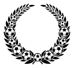 Circular wreath frame made of soccer balls and laurel leaves for sport winners