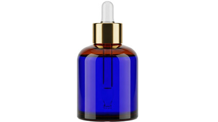 Naklejka premium Isolated blue glass dropper bottle of essential oil with golden collar for aromatherapy use