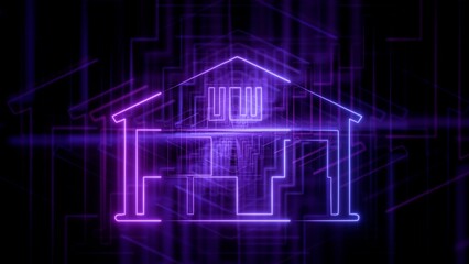 Fototapeta premium Purple Neon House Outline with Abstract Digital Technology Network and Geometric Lines Background