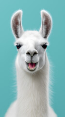 Fototapeta premium White llama portrait with funny expression isolated on blue background