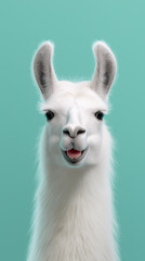 Fototapeta premium White llama portrait with funny expression isolated on blue background