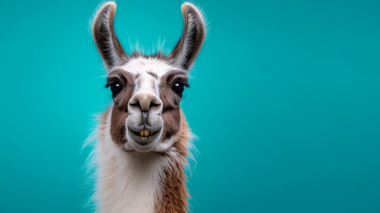 Fototapeta premium Llama portrait with long ears isolated on blue background