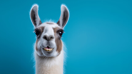 Fototapeta premium Llama portrait with long ears isolated on blue background
