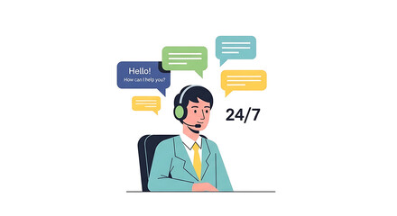 24/7 Customer Support Service Flat Vector Illustration.