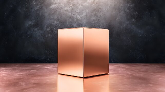 Metallic Cube in Contemporary Setting: A polished metal cube, reflecting the surrounding environment, sits elegantly on a smooth, reflective surface, with an abstract backdrop. 