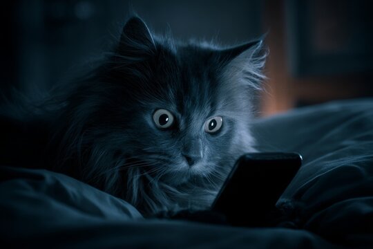 Cat's fearful nighttime encounter with technology. Nighttime cat. How digital health tools reveal your inner wellness state. Vitality monitor tech. Track internal health.